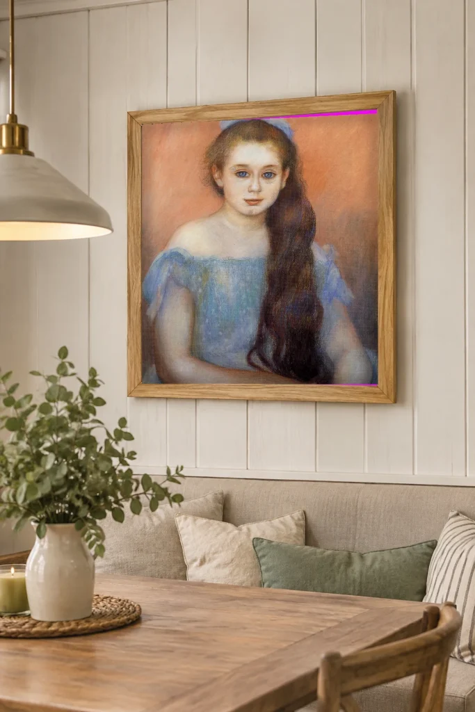 Framed print of Portrait of a Young Girl in a Dress and Light Blue Bow hanging on a wall in a furnished room