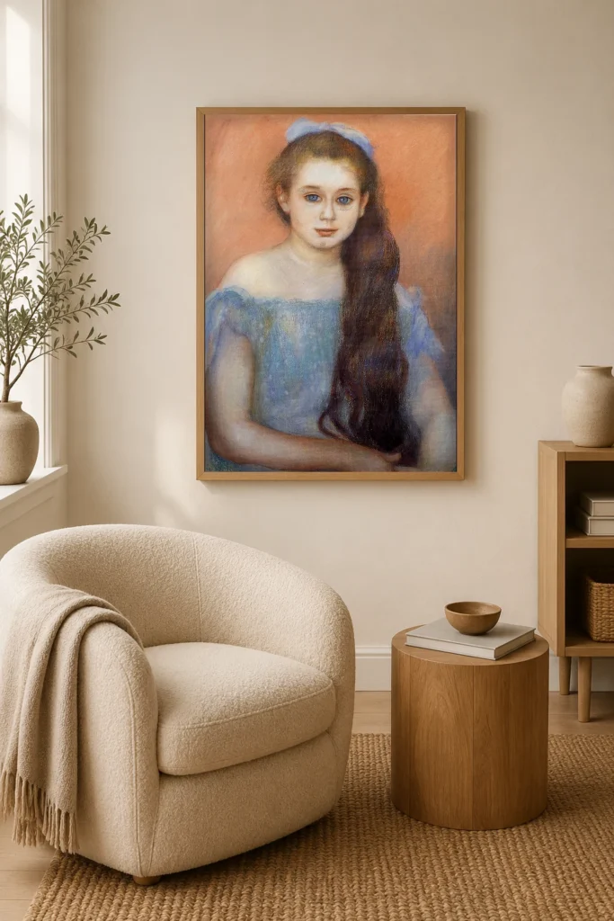 Framed print of Portrait of a Young Girl in a Dress and Light Blue Bow hanging on a wall in a furnished room