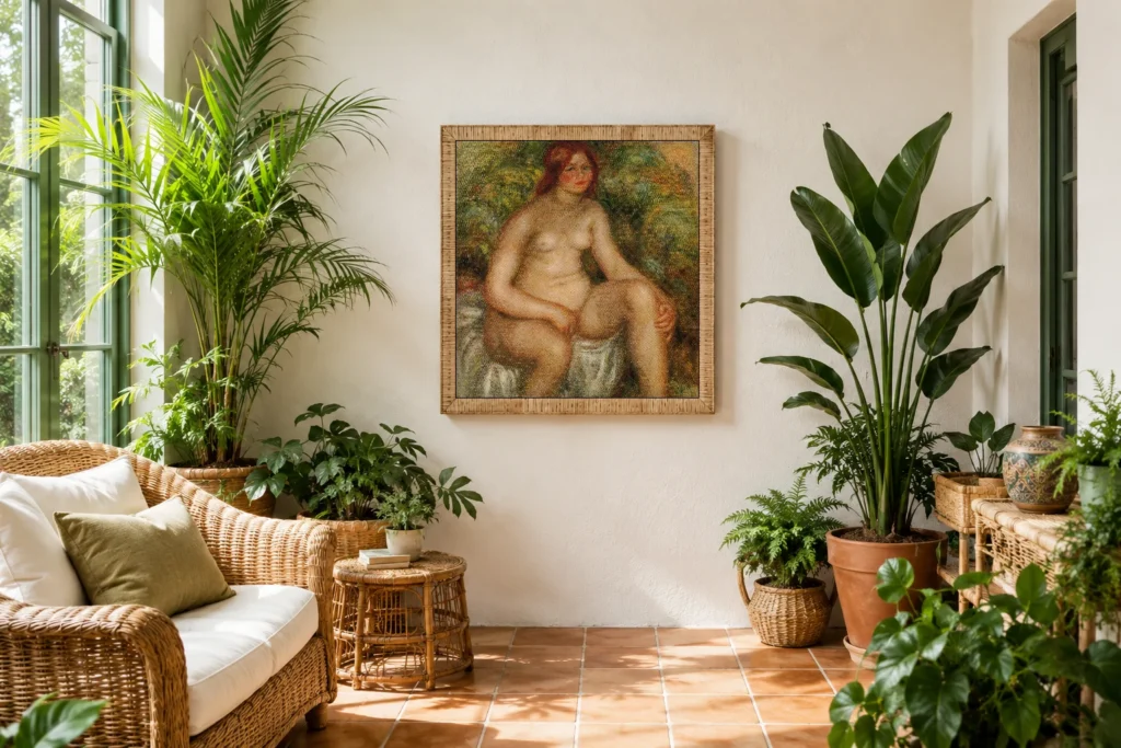 Framed print of Seated Bather hanging on a wall in a furnished room