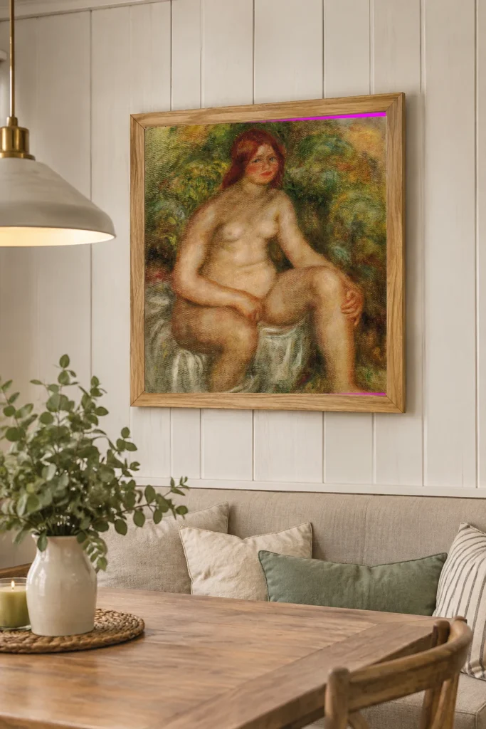 Framed print of Seated Bather hanging on a wall in a furnished room