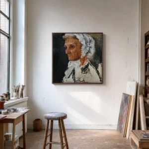 Framed print of Portrait of Renoir’s Mother hanging on a wall in a furnished room