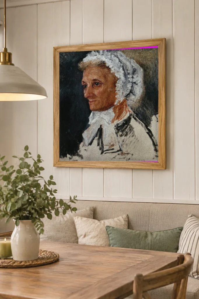 Framed print of Portrait of Renoir’s Mother hanging on a wall in a furnished room