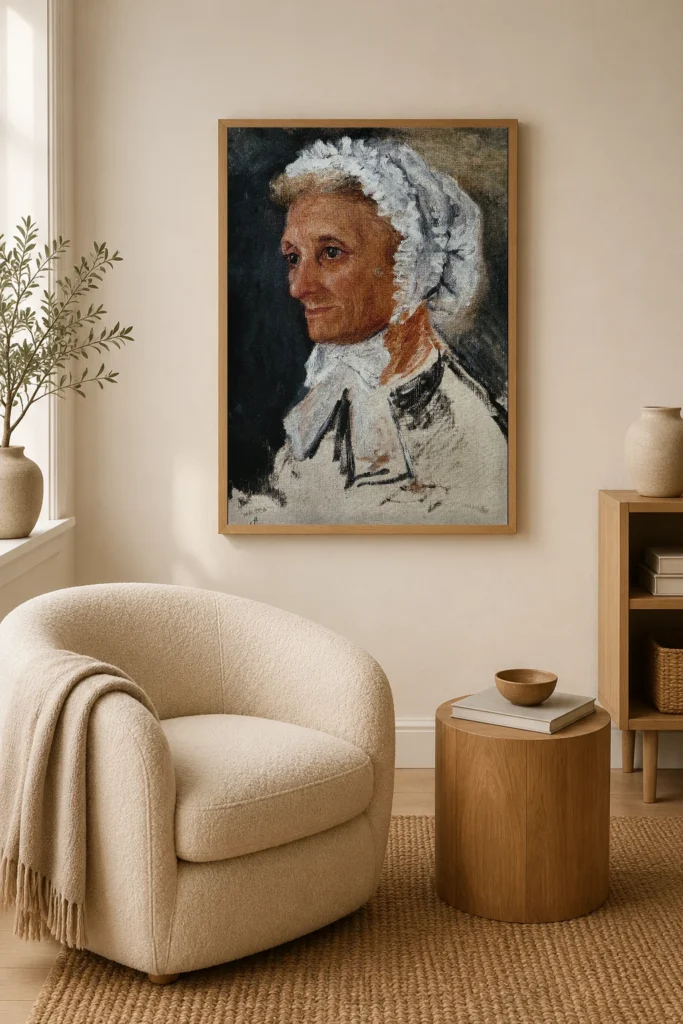 Framed print of Portrait of Renoir’s Mother hanging on a wall in a furnished room