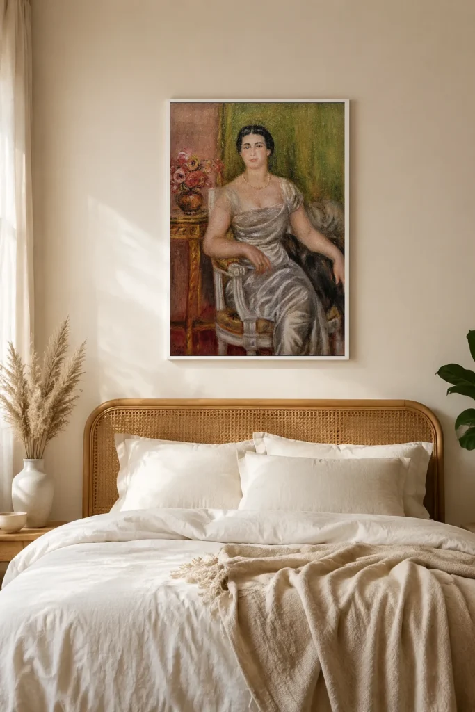 Framed print of Portrait de la poétesse Alice Vallières-Merzbach hanging on a wall in a furnished room