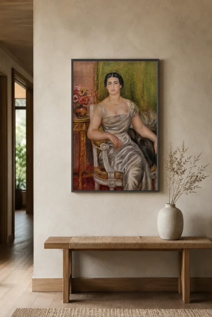 Framed print of Portrait de la poétesse Alice Vallières-Merzbach hanging on a wall in a furnished room