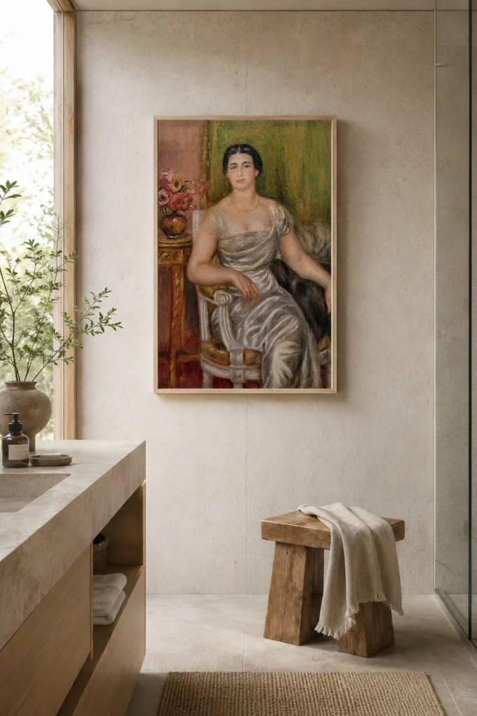 Framed print of Portrait de la poétesse Alice Vallières-Merzbach hanging on a wall in a furnished room