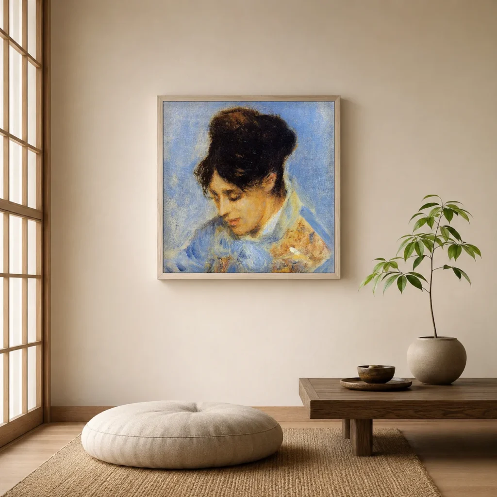 Framed print of Portrait of Madame Claude Monet hanging on a wall in a furnished room