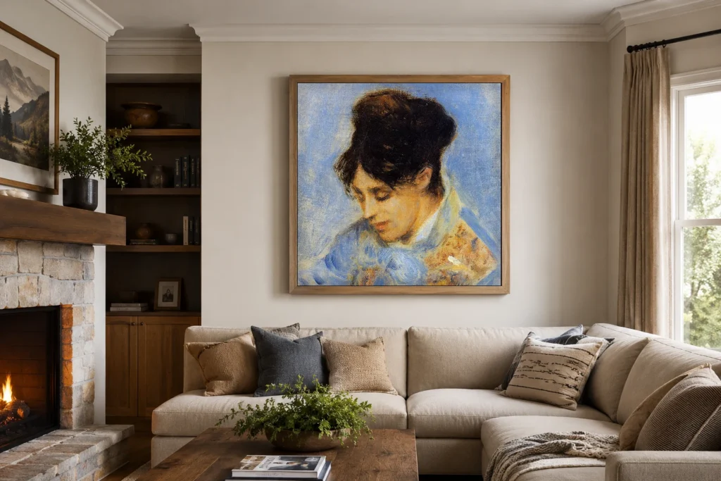 Framed print of Portrait of Madame Claude Monet hanging on a wall in a furnished room