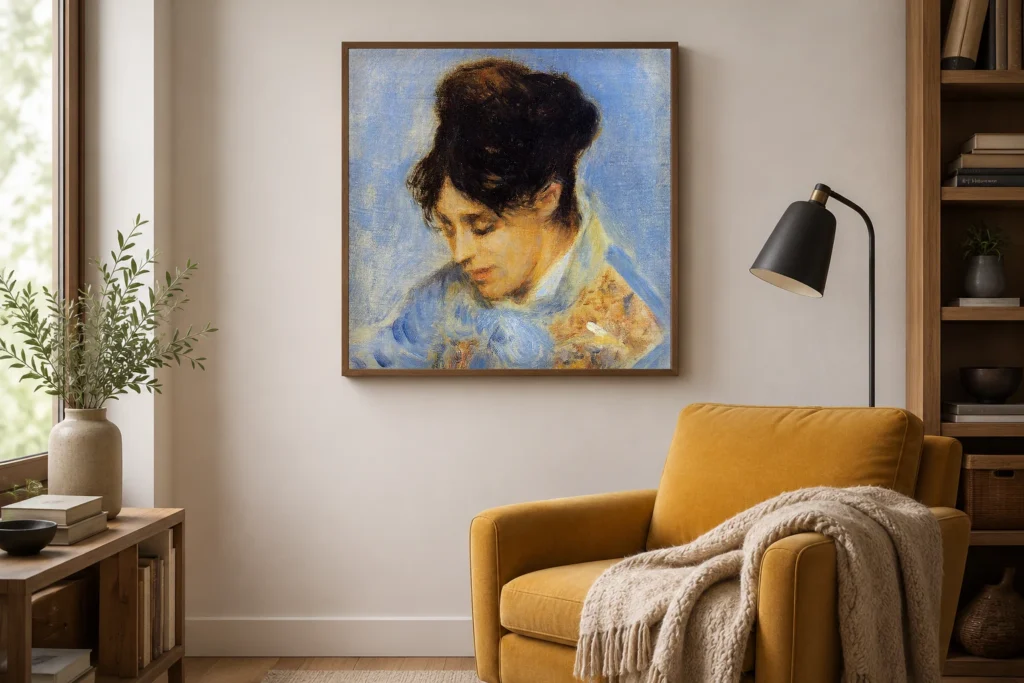 Framed print of Portrait of Madame Claude Monet hanging on a wall in a furnished room