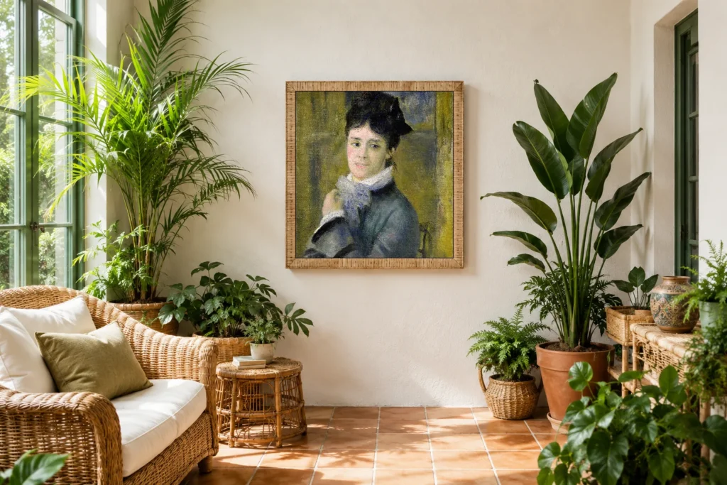 Framed print of Portrait of Madame Claude Monet hanging on a wall in a furnished room