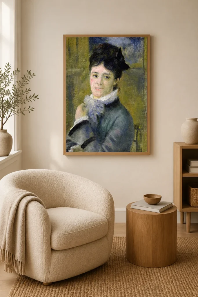 Framed print of Portrait of Madame Claude Monet hanging on a wall in a furnished room
