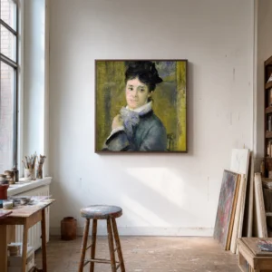 Framed print of Portrait of Madame Claude Monet hanging on a wall in a furnished room