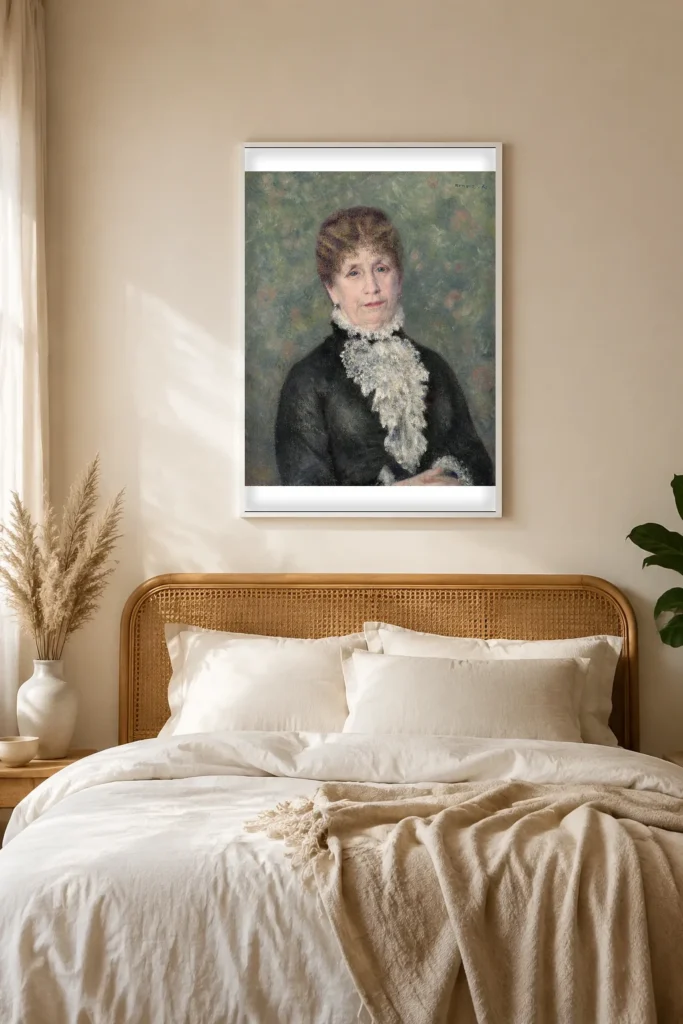 Framed print of Portrait of Madame Fould hanging on a wall in a furnished room