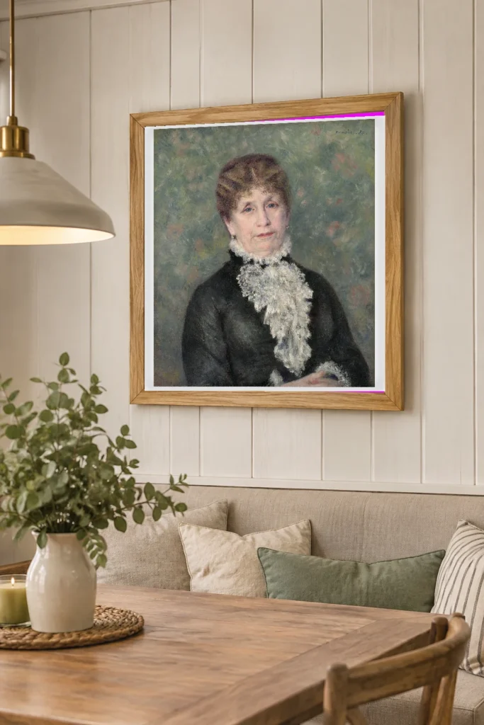 Framed print of Portrait of Madame Fould hanging on a wall in a furnished room