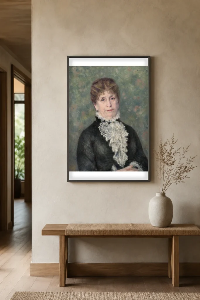 Framed print of Portrait of Madame Fould hanging on a wall in a furnished room
