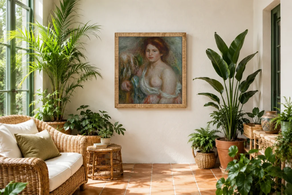 Framed print of Portrait of a Model, Bust-Length hanging on a wall in a furnished room