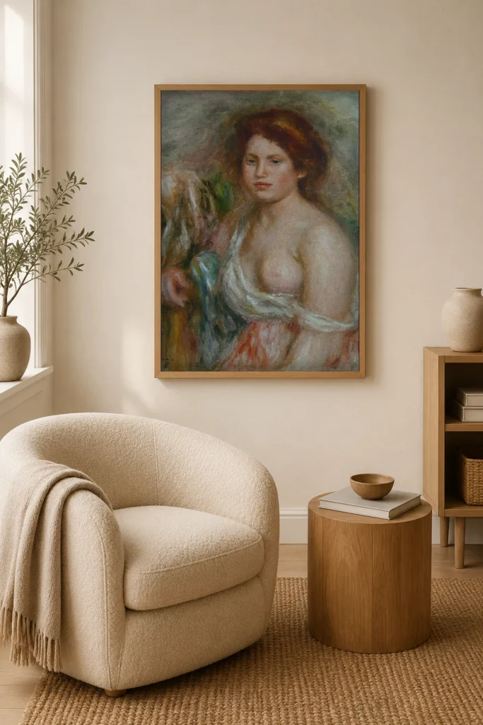 Framed print of Portrait of a Model, Bust-Length hanging on a wall in a furnished room