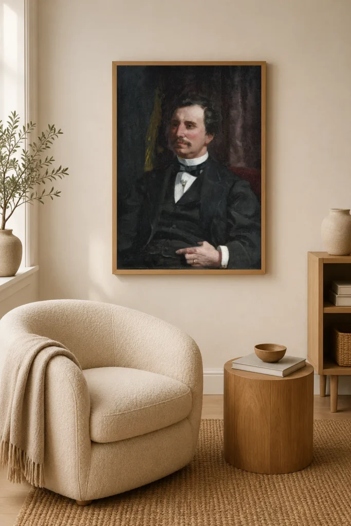 Framed print of Portrait of Colonel Howard Jenks hanging on a wall in a furnished room