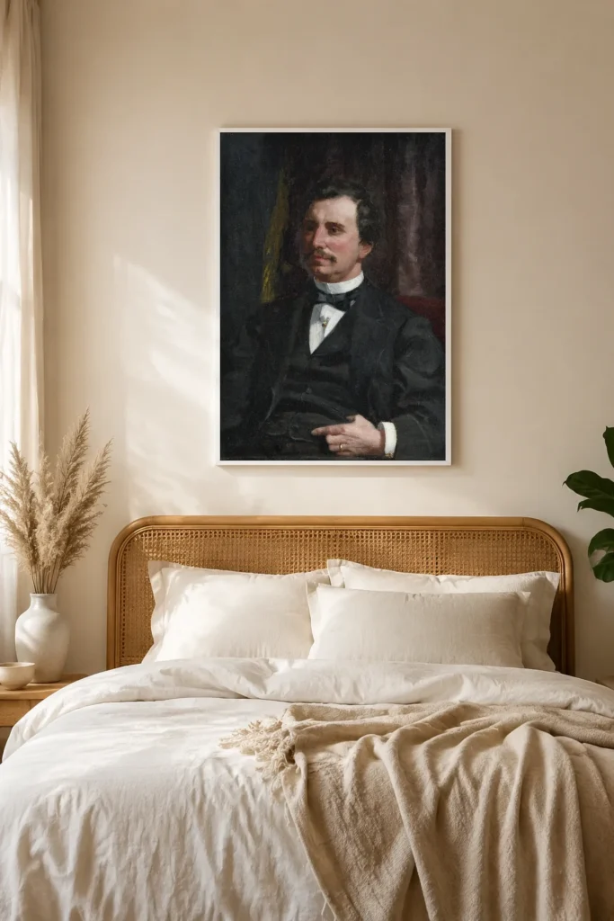 Framed print of Portrait of Colonel Howard Jenks hanging on a wall in a furnished room