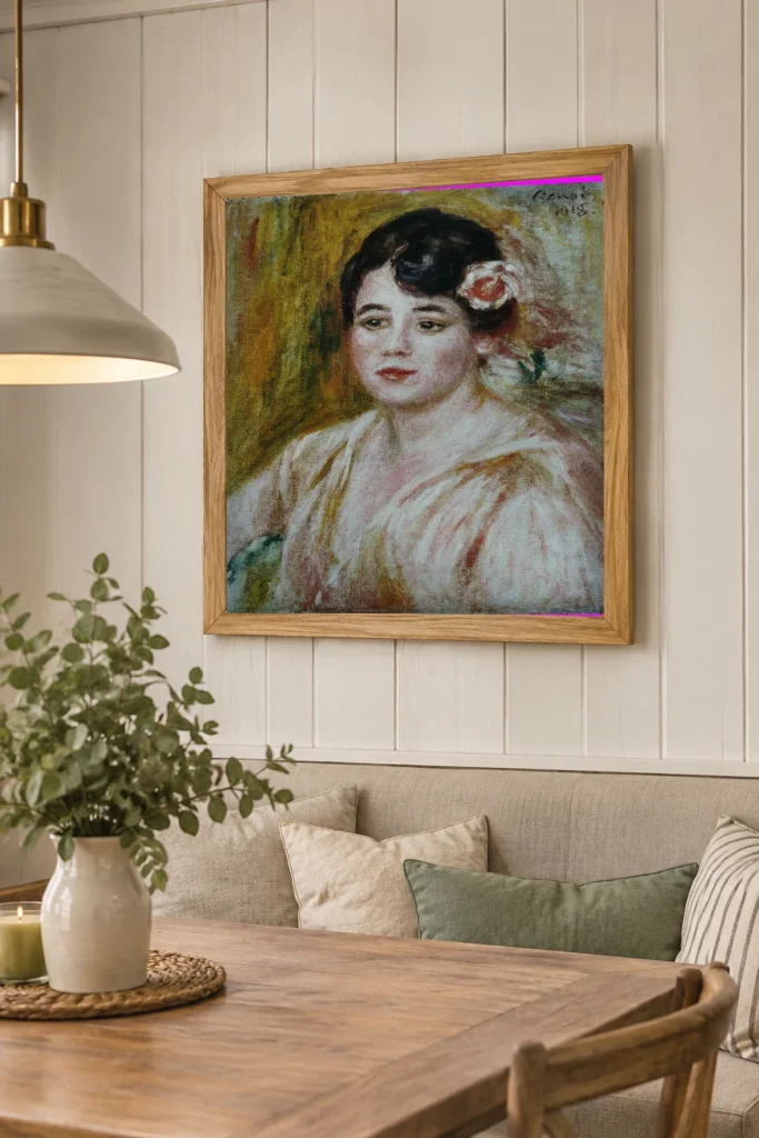 Framed print of Portrait of Adèle Besson hanging on a wall in a furnished room