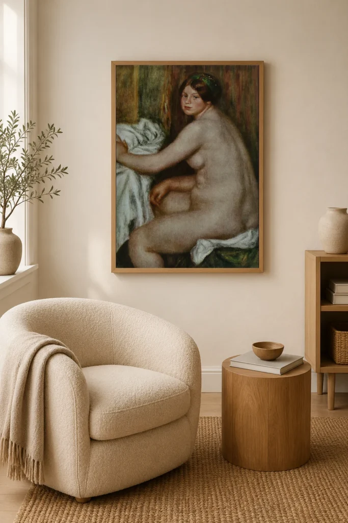 Framed print of Seated Bather hanging on a wall in a furnished room