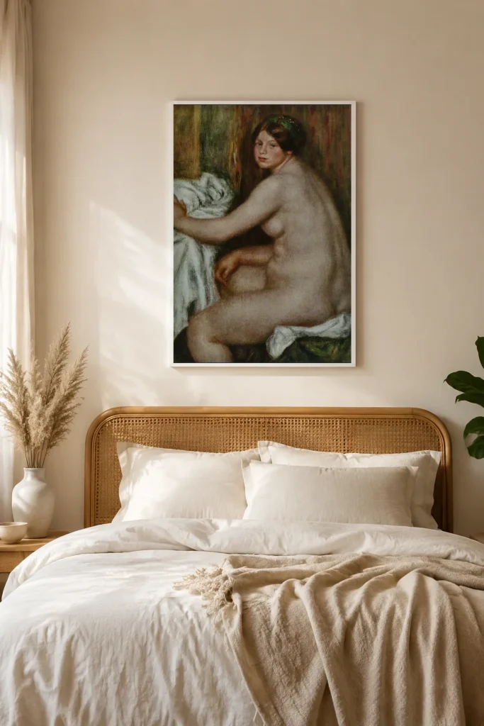 Framed print of Seated Bather hanging on a wall in a furnished room