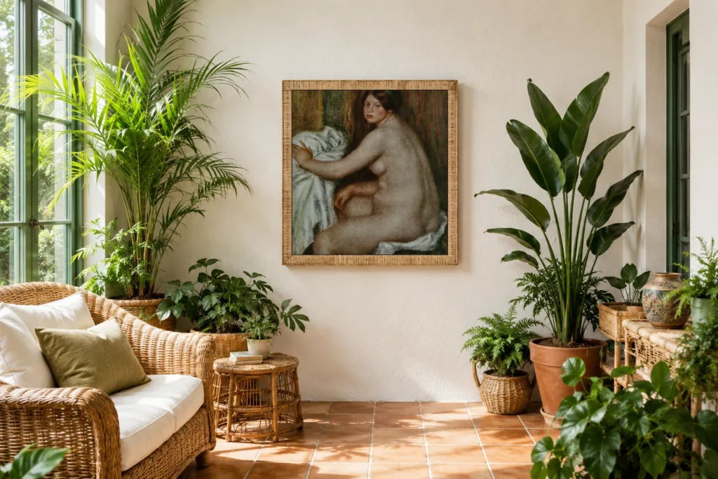 Framed print of Seated Bather hanging on a wall in a furnished room