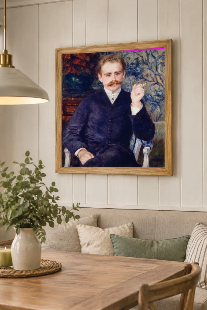 Framed print of Portrait of Albert Cahen d’Anvers hanging on a wall in a furnished room