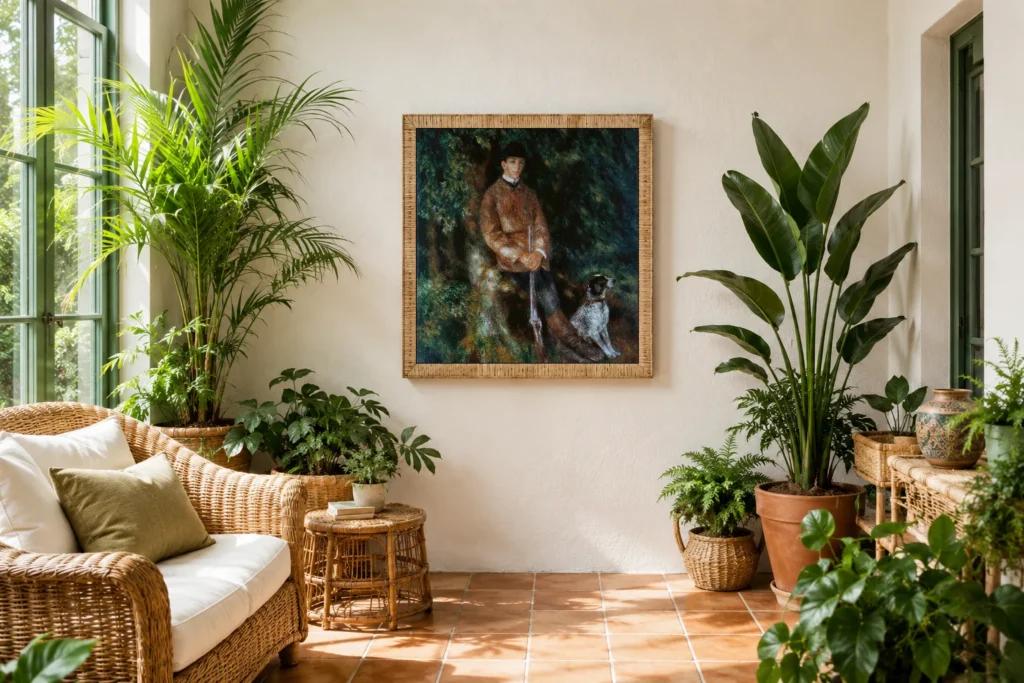 Framed print of Portrait of Alfred Bérard with His Dog hanging on a wall in a furnished room