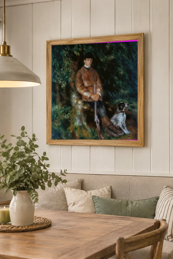 Framed print of Portrait of Alfred Bérard with His Dog hanging on a wall in a furnished room