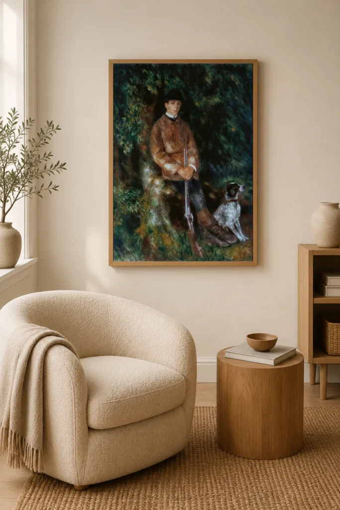 Framed print of Portrait of Alfred Bérard with His Dog hanging on a wall in a furnished room
