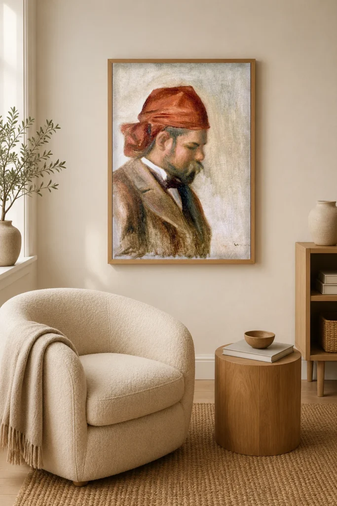 Framed print of Portrait of Ambroise Vollard in a Red Headscarf hanging on a wall in a furnished room
