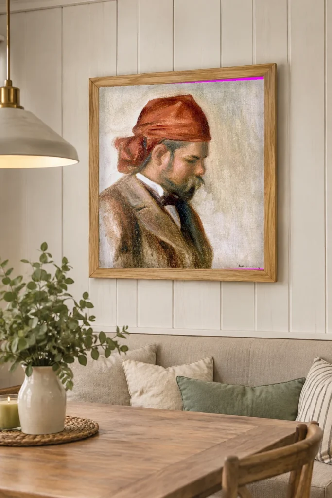 Framed print of Portrait of Ambroise Vollard in a Red Headscarf hanging on a wall in a furnished room