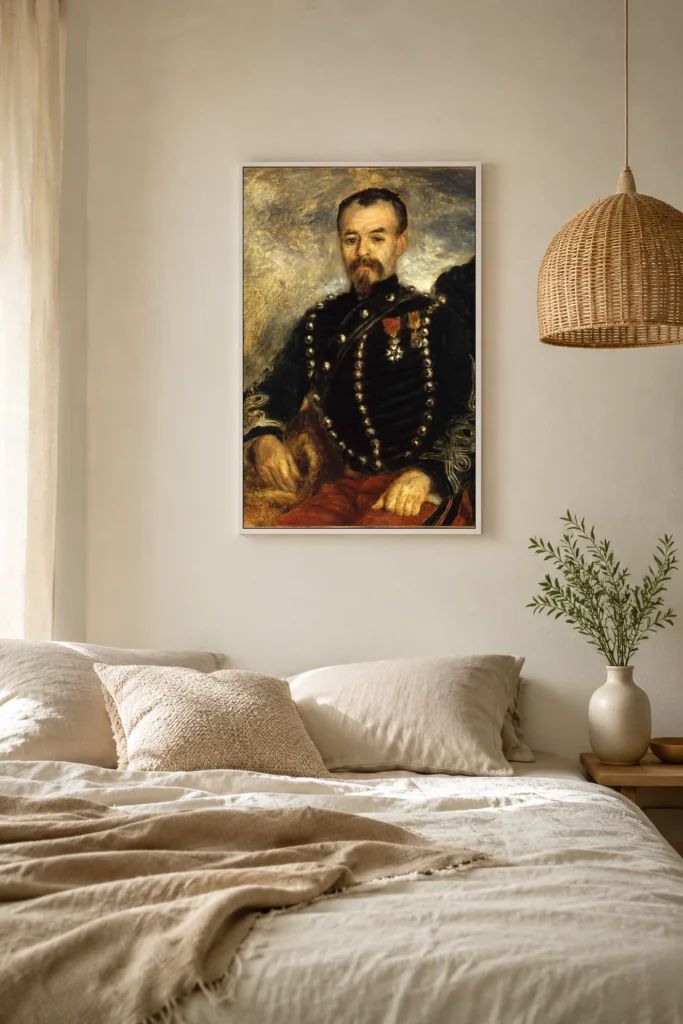 Framed print of Portrait of Captain Édouard Bernier hanging on a wall in a furnished room