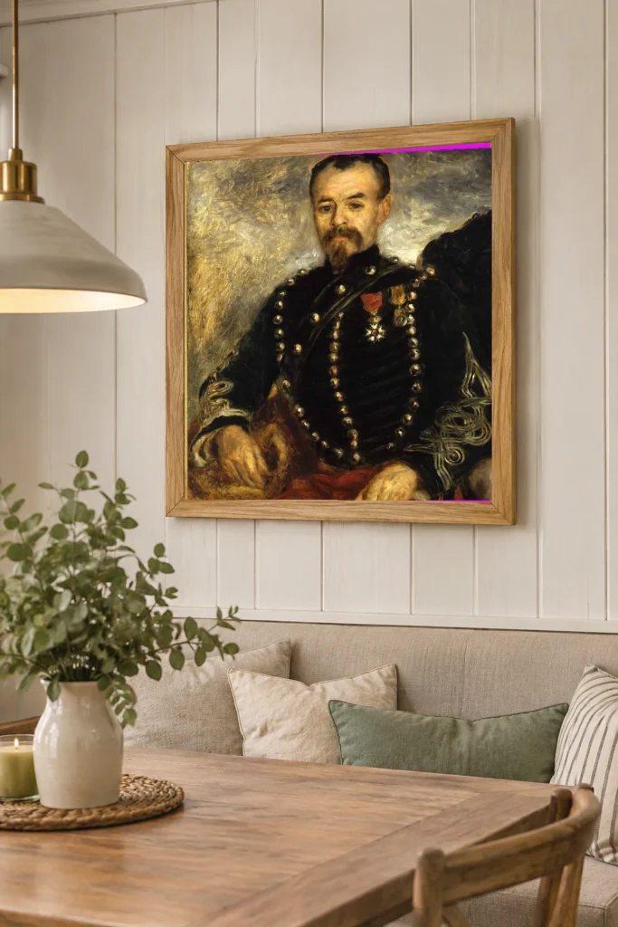 Framed print of Portrait of Captain Édouard Bernier hanging on a wall in a furnished room