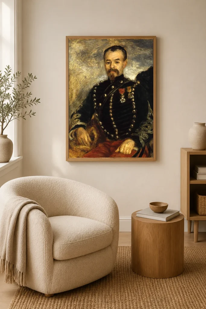Framed print of Portrait of Captain Édouard Bernier hanging on a wall in a furnished room