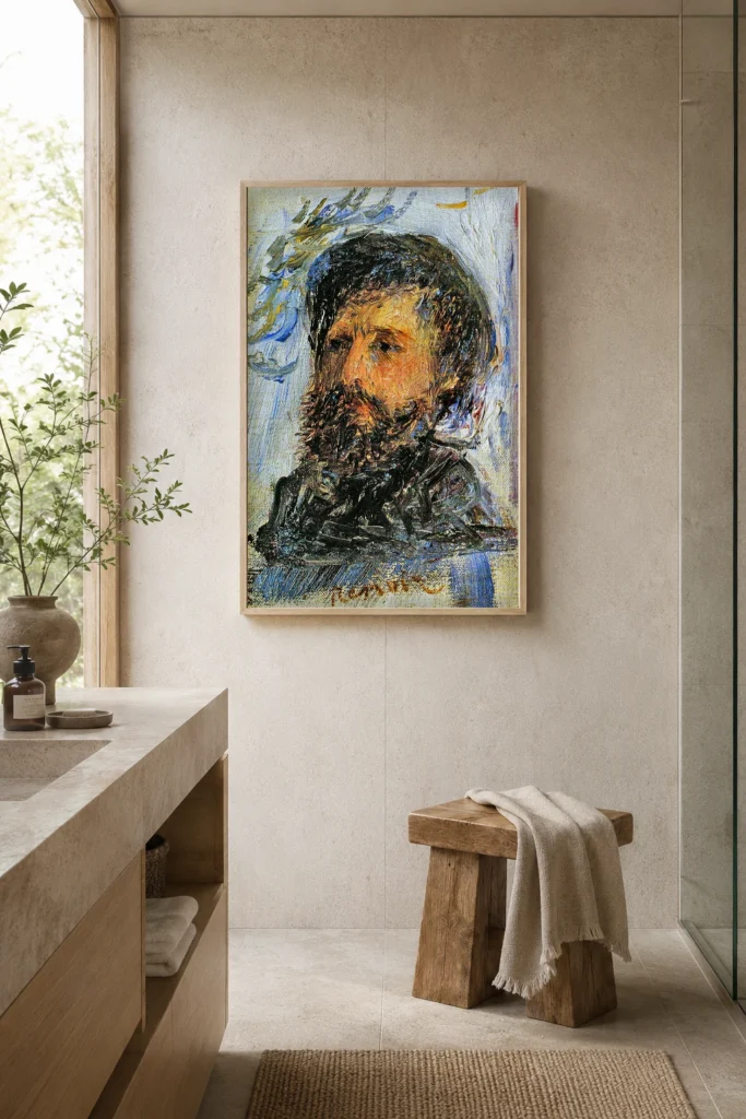 Framed print of Portrait of Claude Monet hanging on a wall in a furnished room
