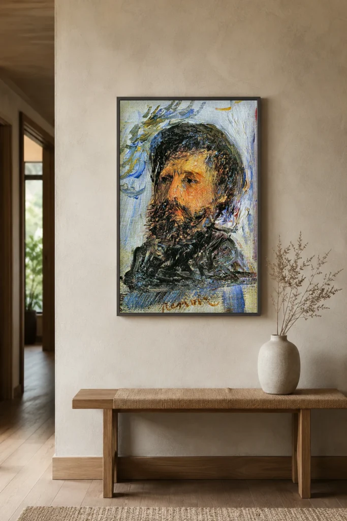 Framed print of Portrait of Claude Monet hanging on a wall in a furnished room