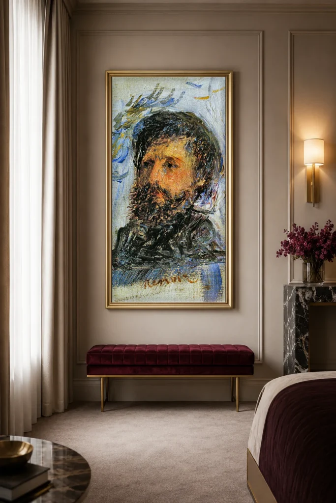 Framed print of Portrait of Claude Monet hanging on a wall in a furnished room
