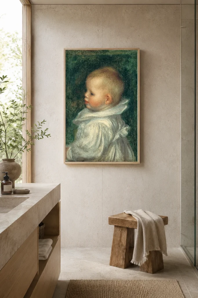 Framed print of Portrait of Claude Renoir hanging on a wall in a furnished room