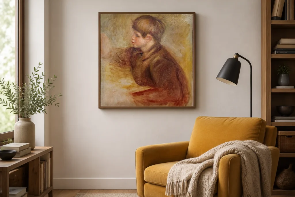 Framed print of Portrait of Claude Renoir Painting hanging on a wall in a furnished room