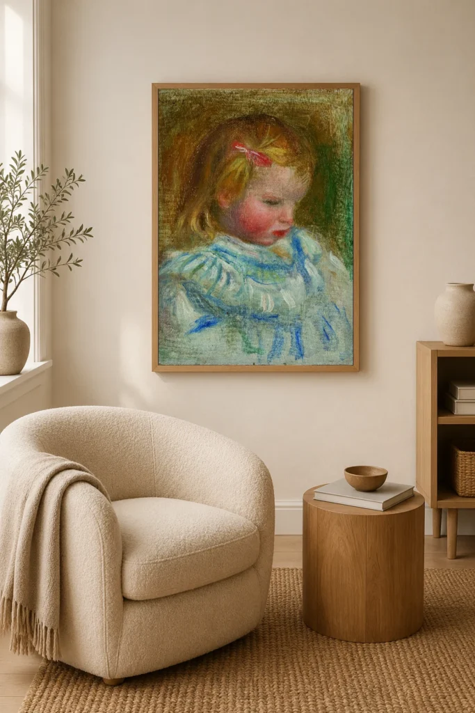 Framed print of Portrait of Coco hanging on a wall in a furnished room