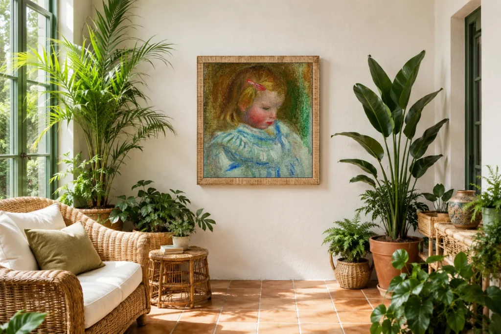 Framed print of Portrait of Coco hanging on a wall in a furnished room