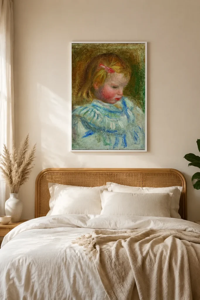 Framed print of Portrait of Coco hanging on a wall in a furnished room