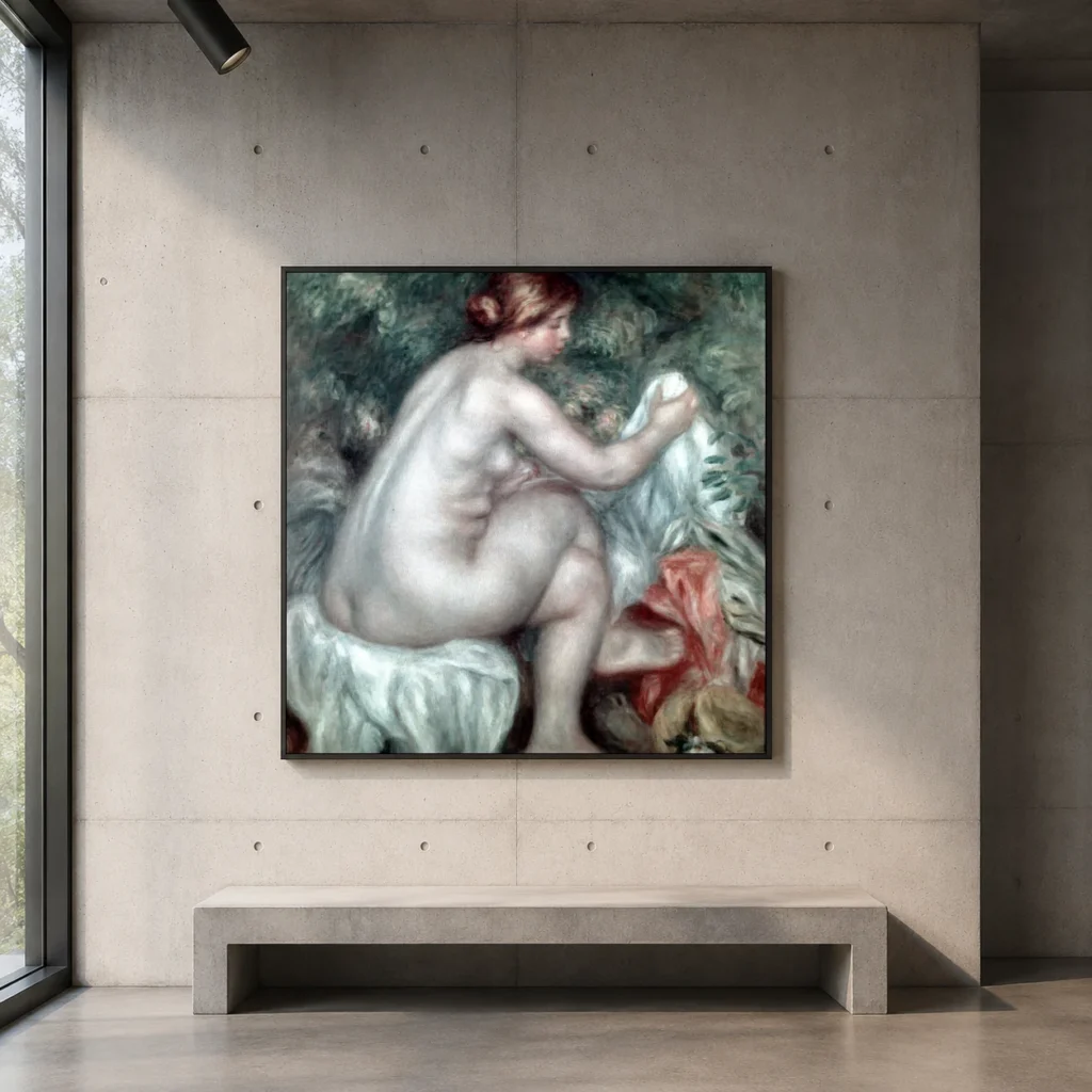 Framed print of Bather with Hat hanging on a wall in a furnished room