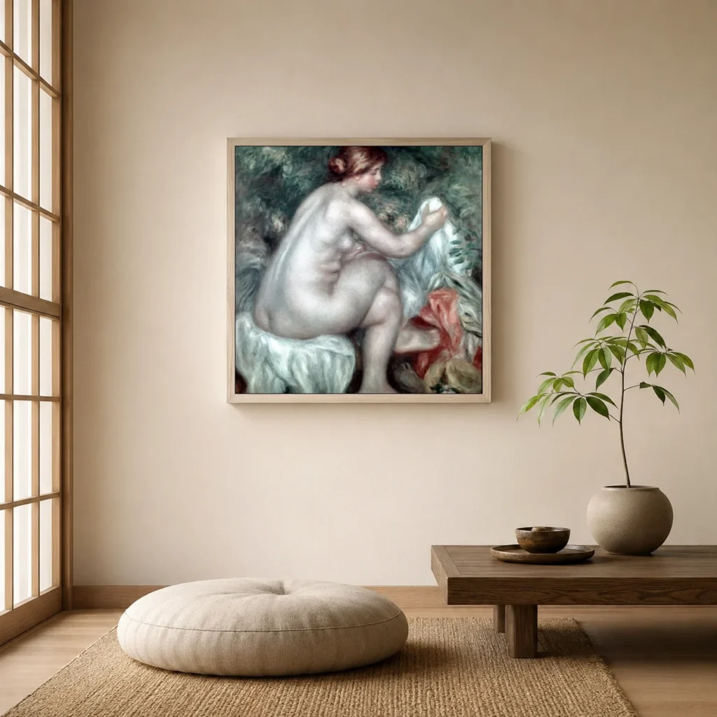 Framed print of Bather with Hat hanging on a wall in a furnished room