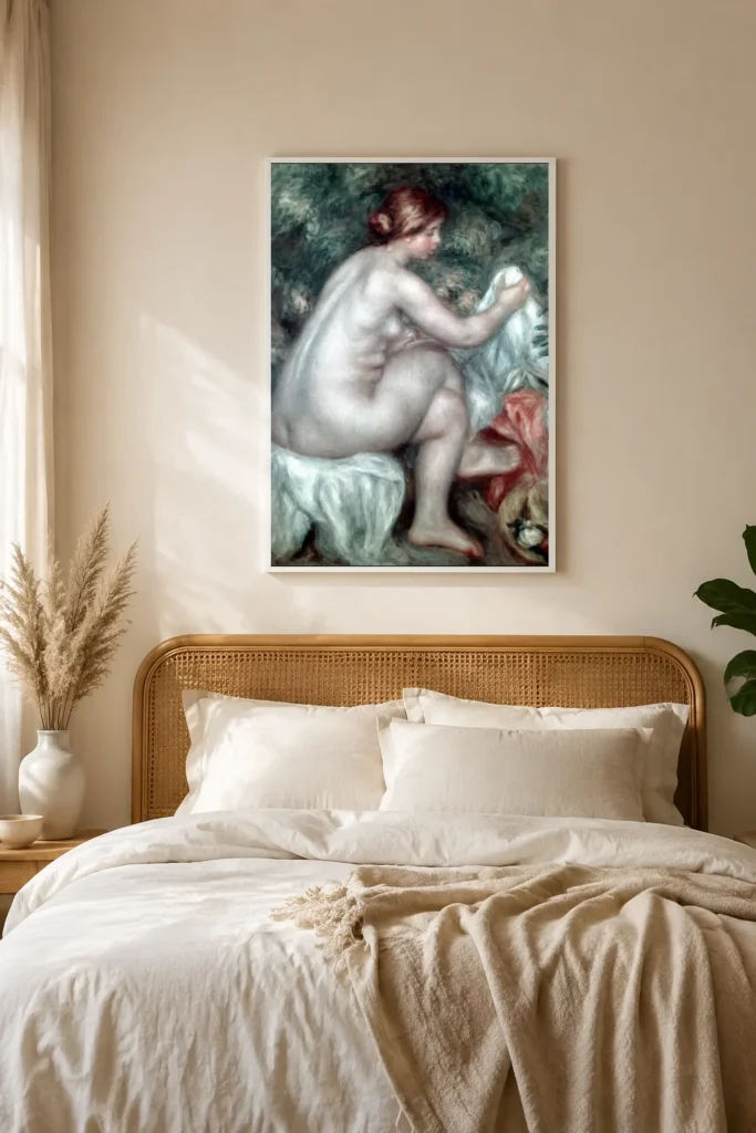 Framed print of Bather with Hat hanging on a wall in a furnished room