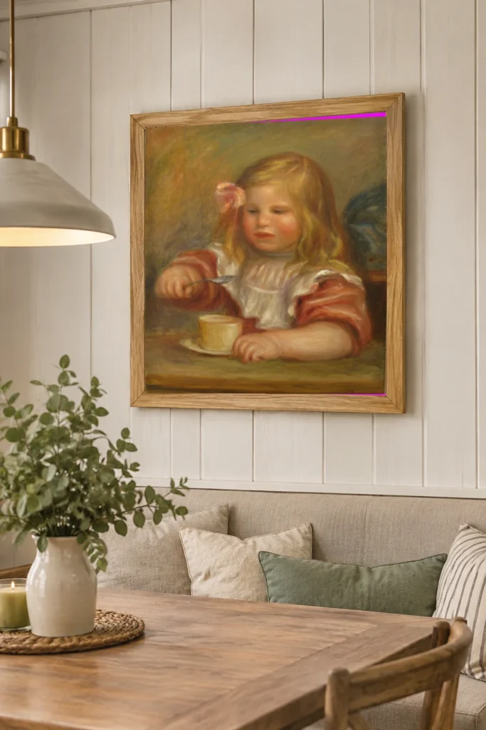 Framed print of Portrait of Coco Eating His Soup hanging on a wall in a furnished room