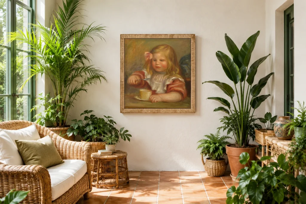 Framed print of Portrait of Coco Eating His Soup hanging on a wall in a furnished room