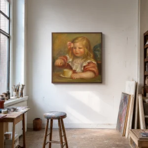 Framed print of Portrait of Coco Eating His Soup hanging on a wall in a furnished room